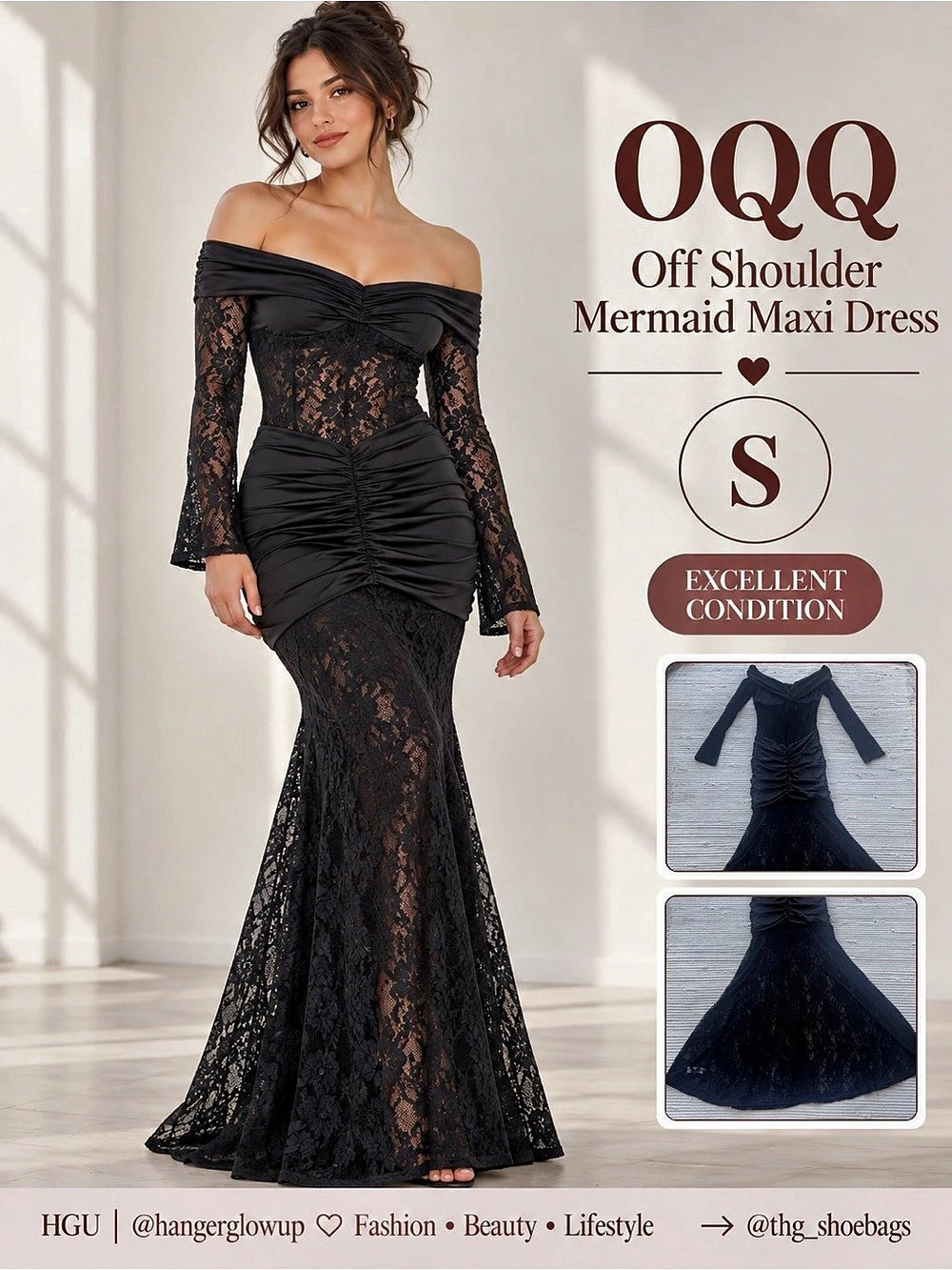 OQQ Off Shoulder Mermaid Maxi Dress Black Lace Off-Shoulder Size Small Like New